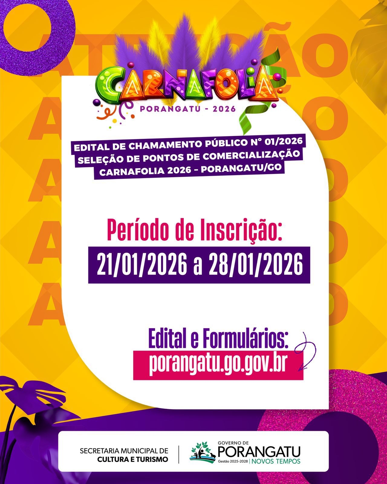 GOVERNO DE PORANGATU ABRE CREDENCIAMENTO PARA BARRACAS E PONTOS DE COMERCIALIZAÇÃO NO CARNAFOLIA 2026