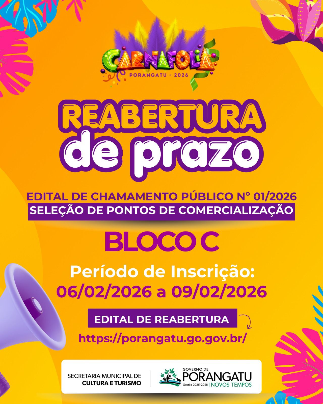 Secretaria de Cultura e Turismo reabre prazo de inscrições para ponto de comercialização do Bloco C no Carnaval 2026