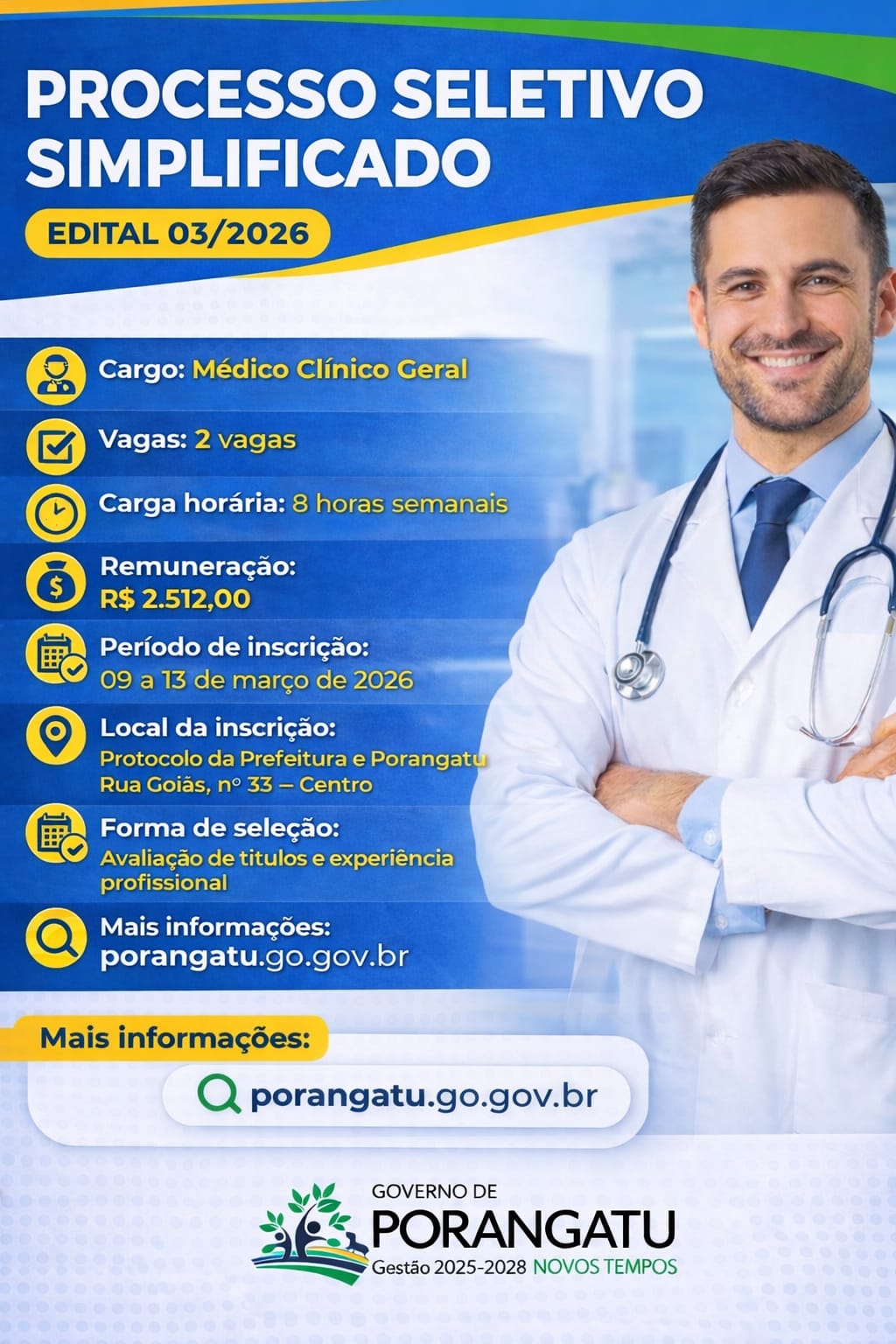 GOVERNO DE PORANGATU ABRE PROCESSO SELETIVO SIMPLIFICADO PARA MÉDICO CLÍNICO GERAL
