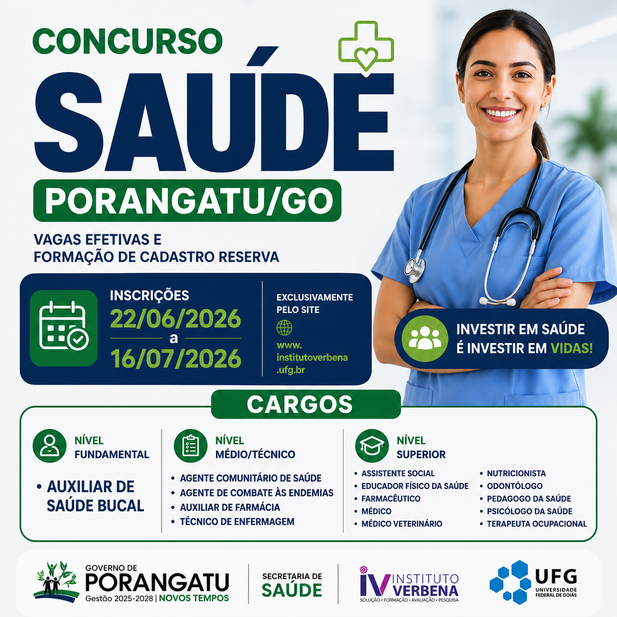 GOVERNO DE PORANGATU ABRE CONCURSO PÚBLICO NA ÁREA DA SAÚDE COM VAGAS PARA NÍVEIS FUNDAMENTAL, MÉDIO E SUPERIOR