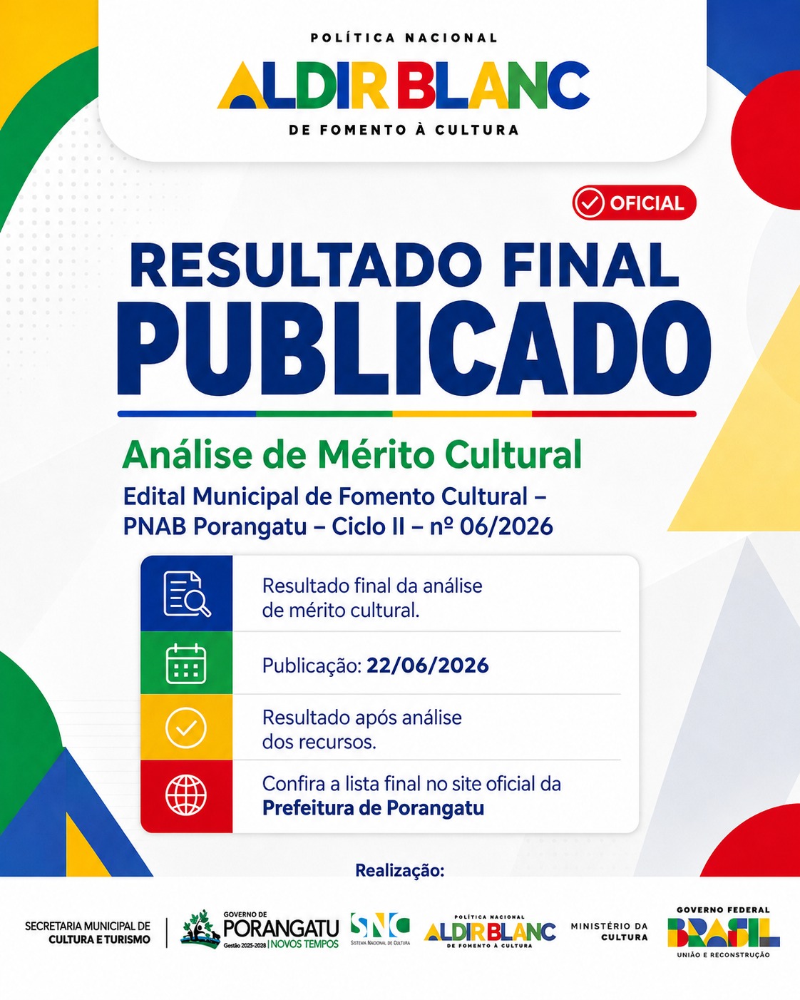 PREFEITURA DE PORANGATU DIVULGA RESULTADO FINAL DA ANÁLISE DE MÉRITO CULTURAL DA PNAB – CICLO II